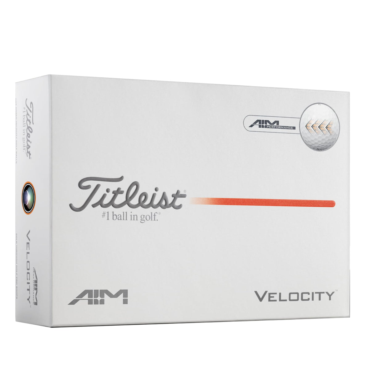 Titleist Velocity AIM with orange-black arrow design improves aim for more precise shots