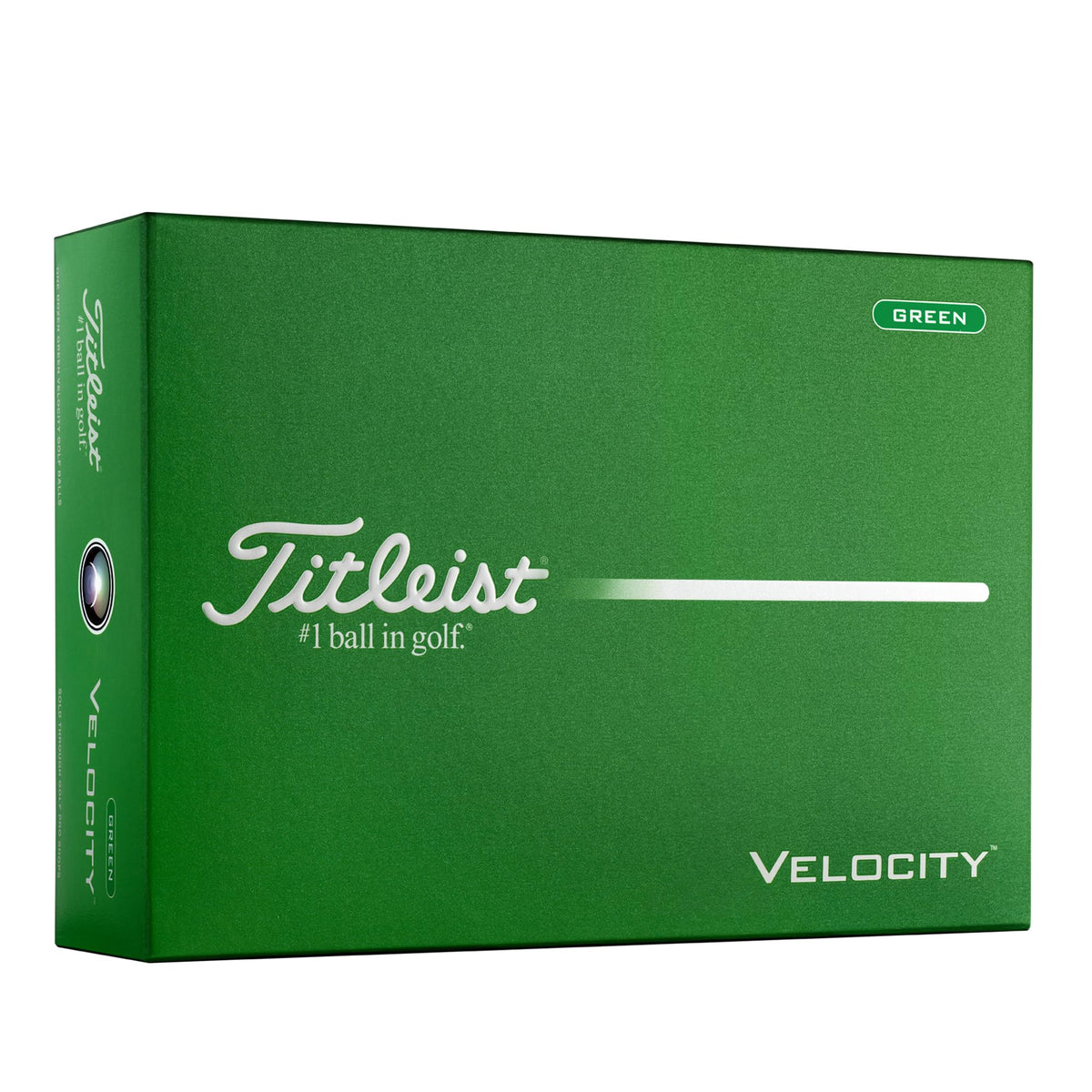 Titleist Velocity Green golf ball close-up showing dimple texture for distance