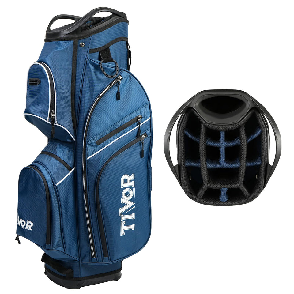 Tivor 2026 golf cart bag with 14-way dividers keeps clubs organized on the cart.