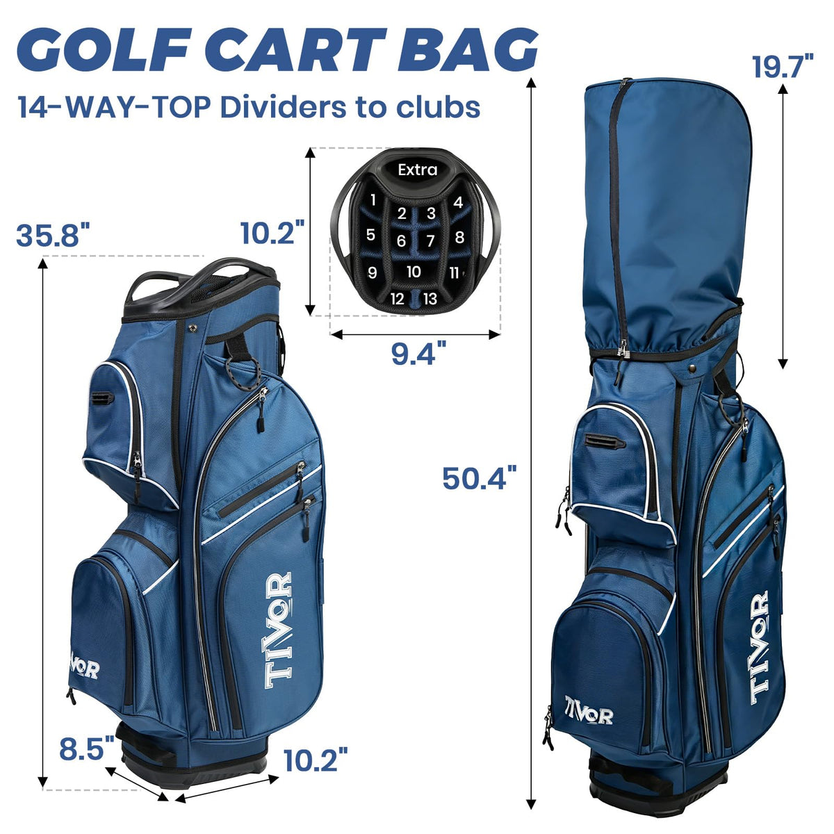 Tivor cart bag shows 9 pockets for gear, drinks, and valuables.