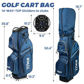 Tivor cart bag shows 9 pockets for gear, drinks, and valuables.