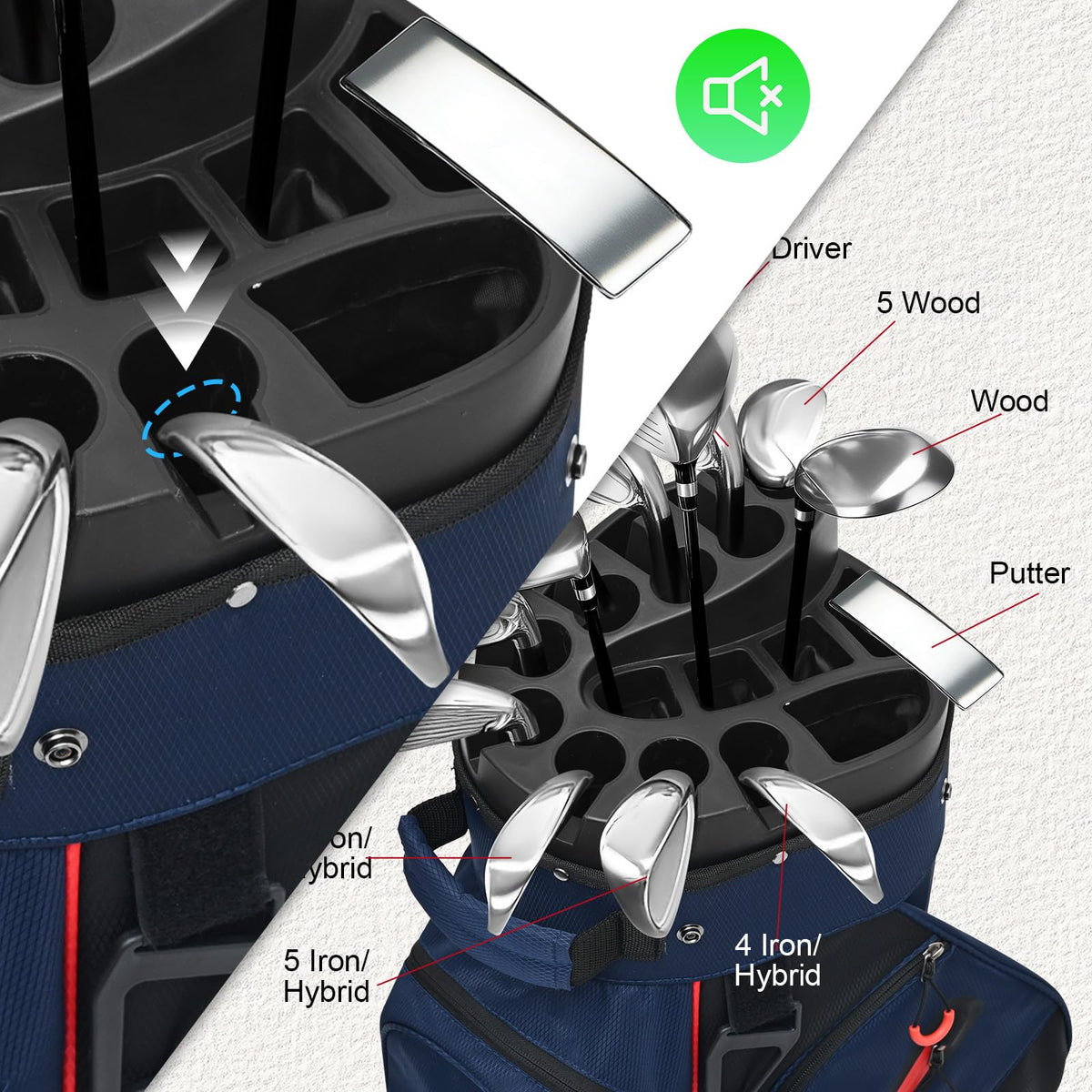 TIVOR cart bag top frame showing secure T-Lock club retention