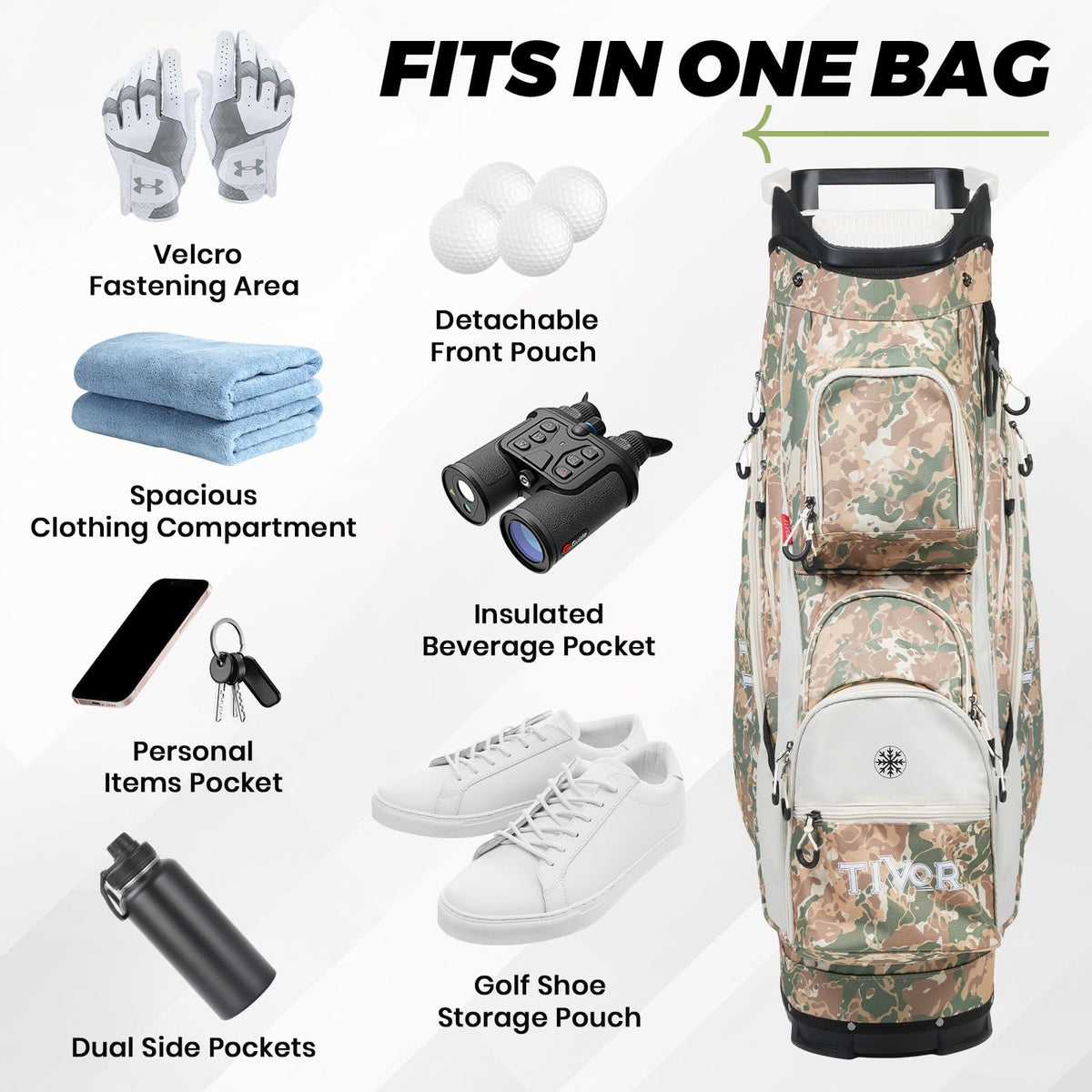 TIVOR camouflage rain/dust cover protects clubs from sun, rain, and dust