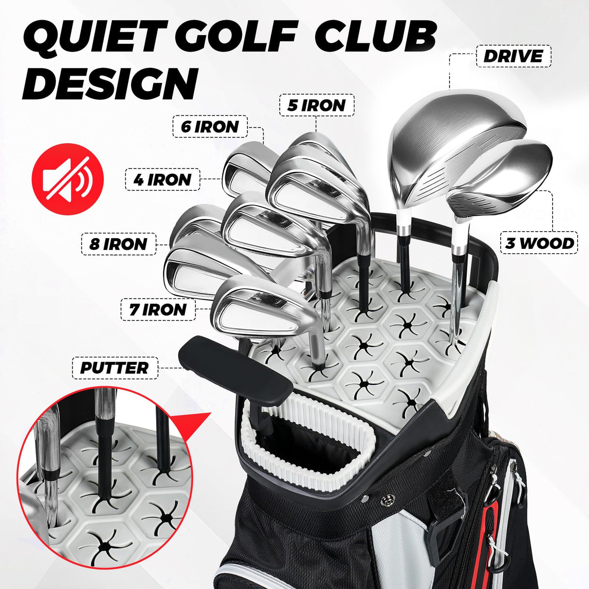 Tivor golf cart bag shows 12 pockets for gear, beverages, and essentials.
