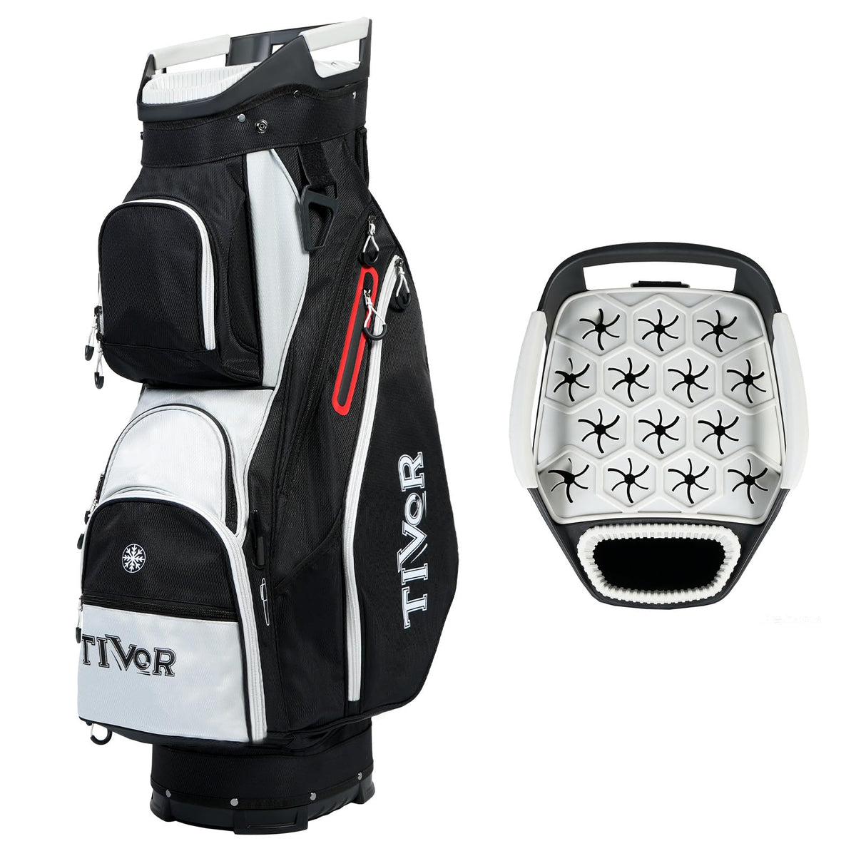 Tivor golf cart bag with 15-way dividers keeps clubs organized and protected.