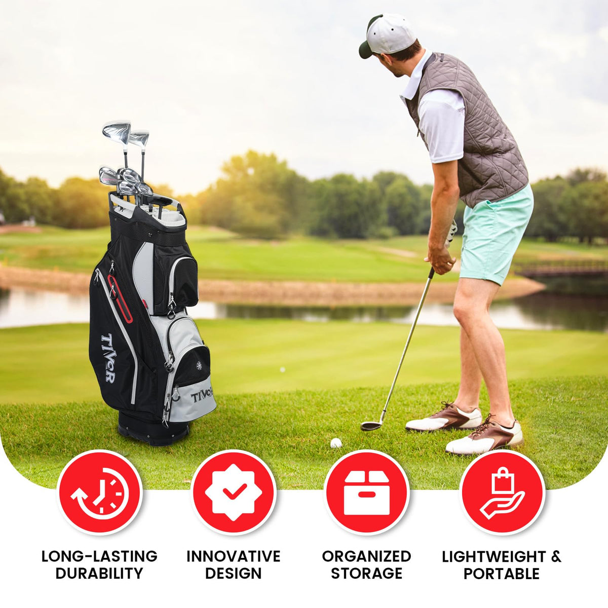 Tivor golf bag weighs 8 pounds with a sturdy base for stable placement.