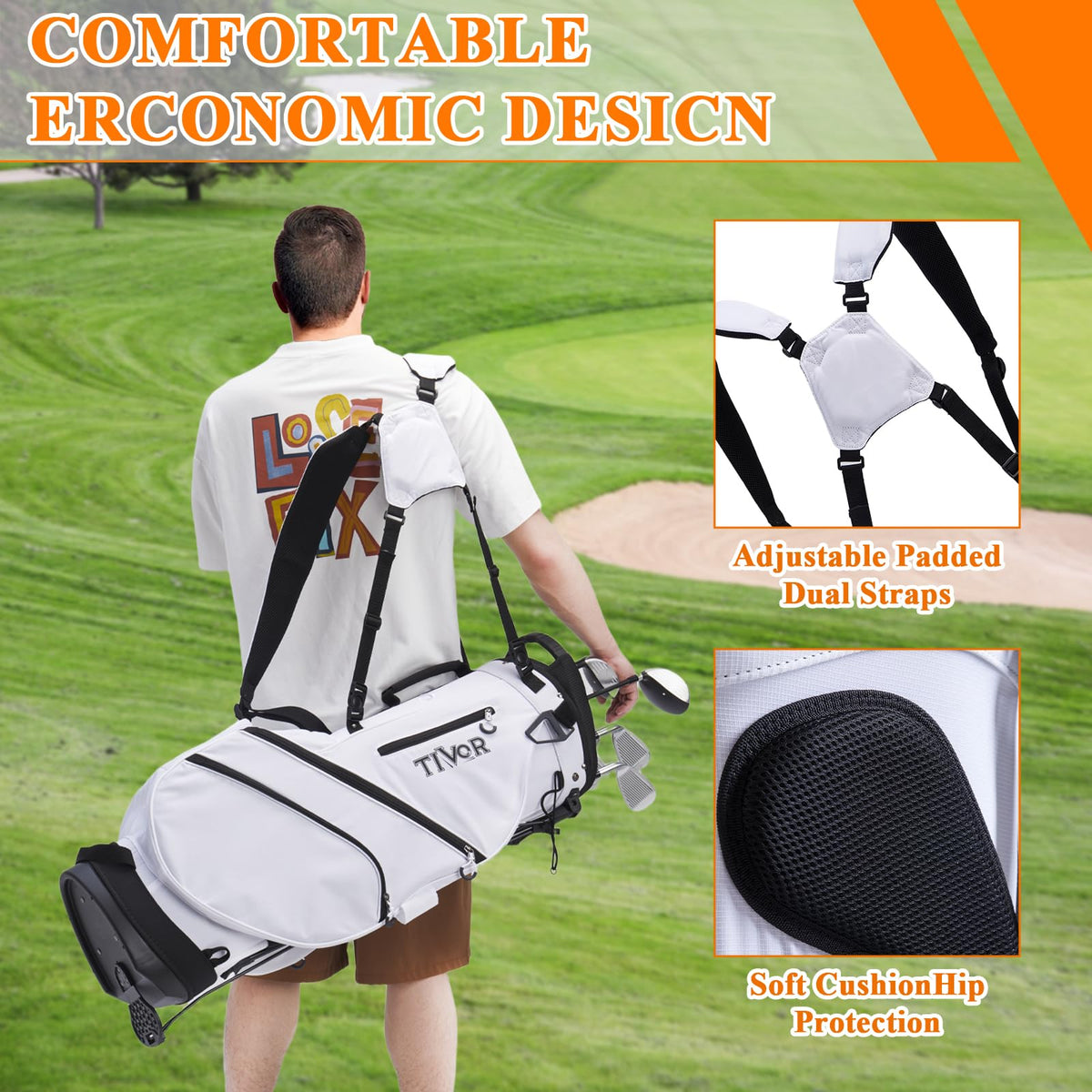 Tivor Golf Stand Bag dual straps distribute weight for shoulder comfort.