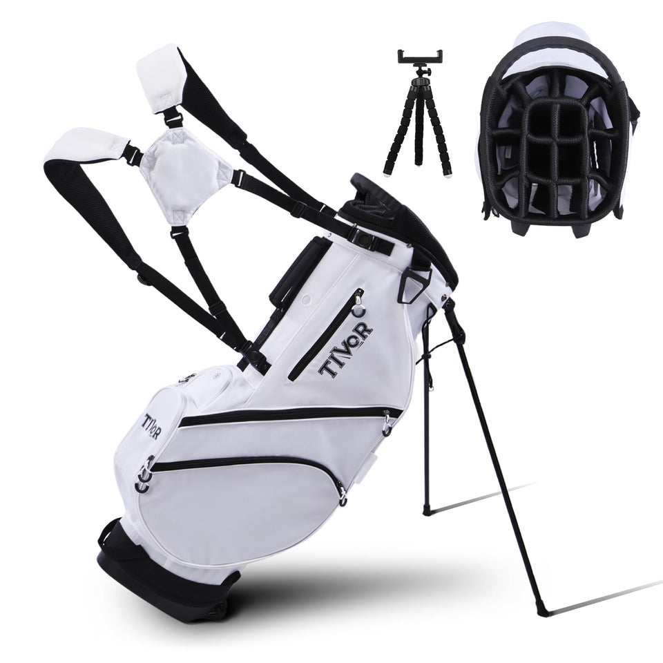 Tivor Golf Stand Bag top dividers organize clubs securely on the course.