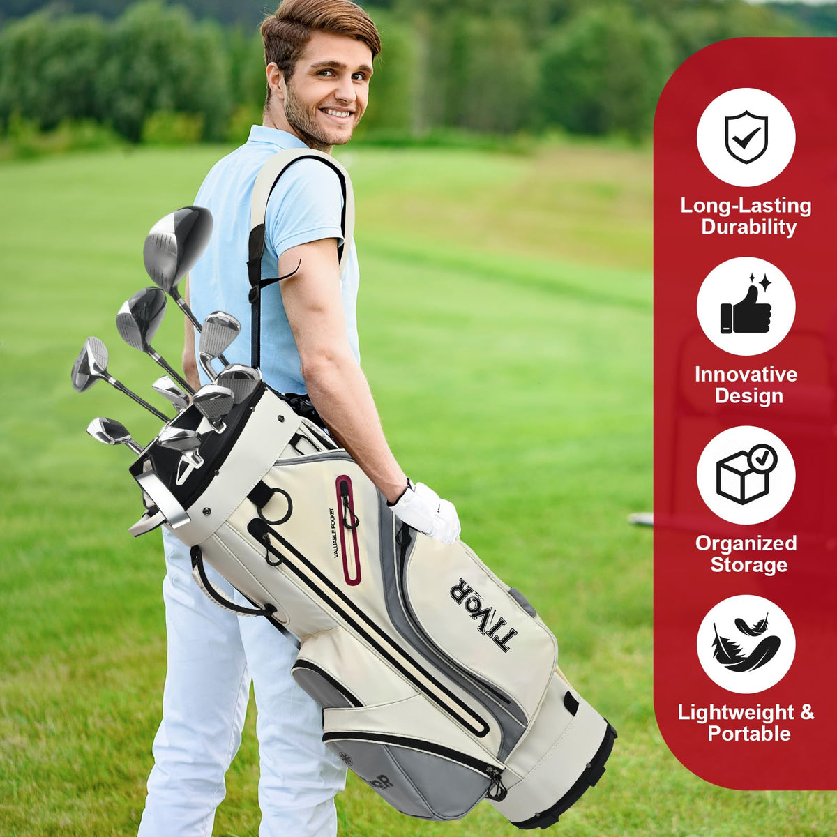 Tivor T-Lock bag cart strap pass-through enables stable cart attachment.