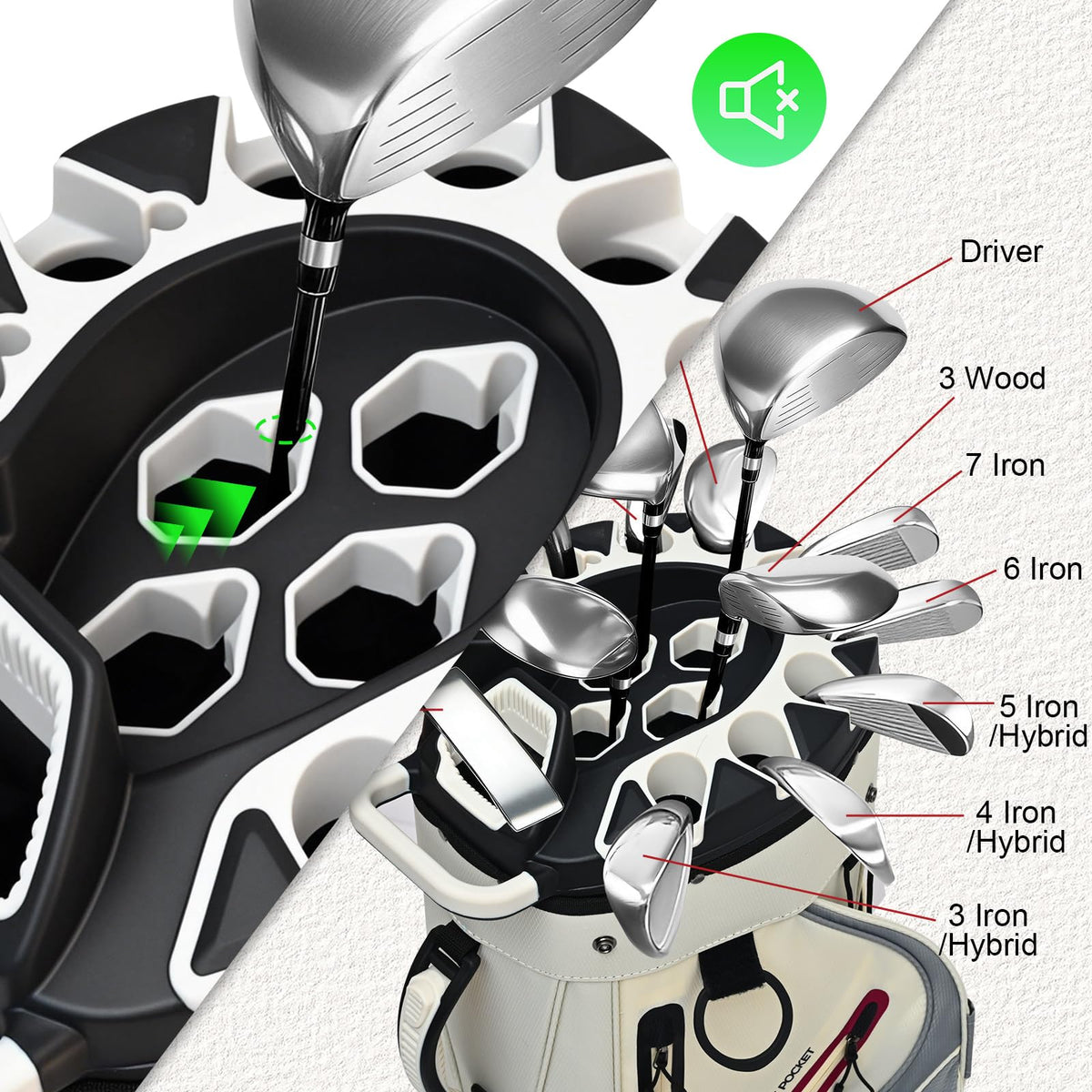 Tivor T-Lock bag full-length dividers keep clubs organized during transport.