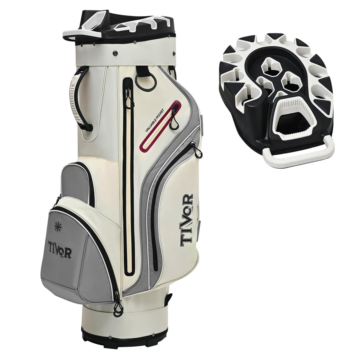 Tivor T-Lock bag top frame secures clubs for quiet rounds.