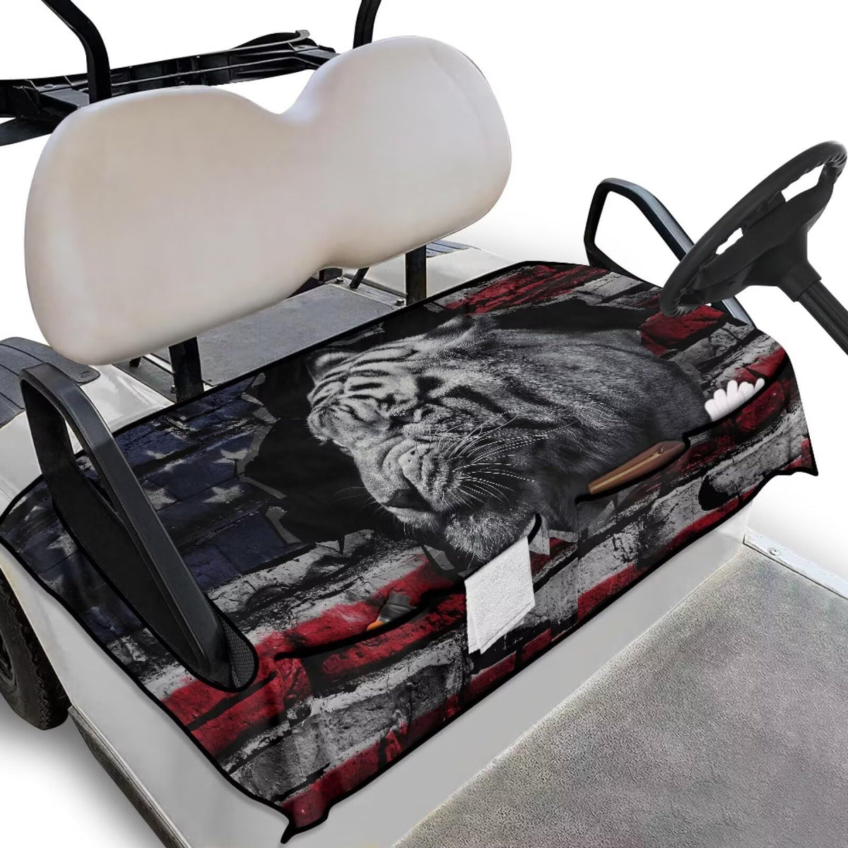 TOADDMOS American flag tiger seat cover with four front pockets keeps essentials within reach