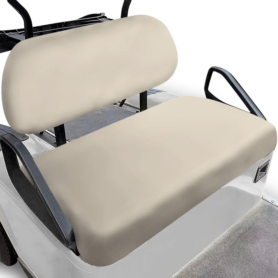TOADDMOS beige golf cart seat cover on bench seat protects against wear and stains.
