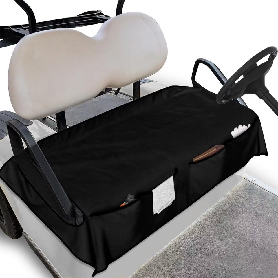 TOADDMOS black golf cart seat covers with pockets front view protect seats from sun and stains.