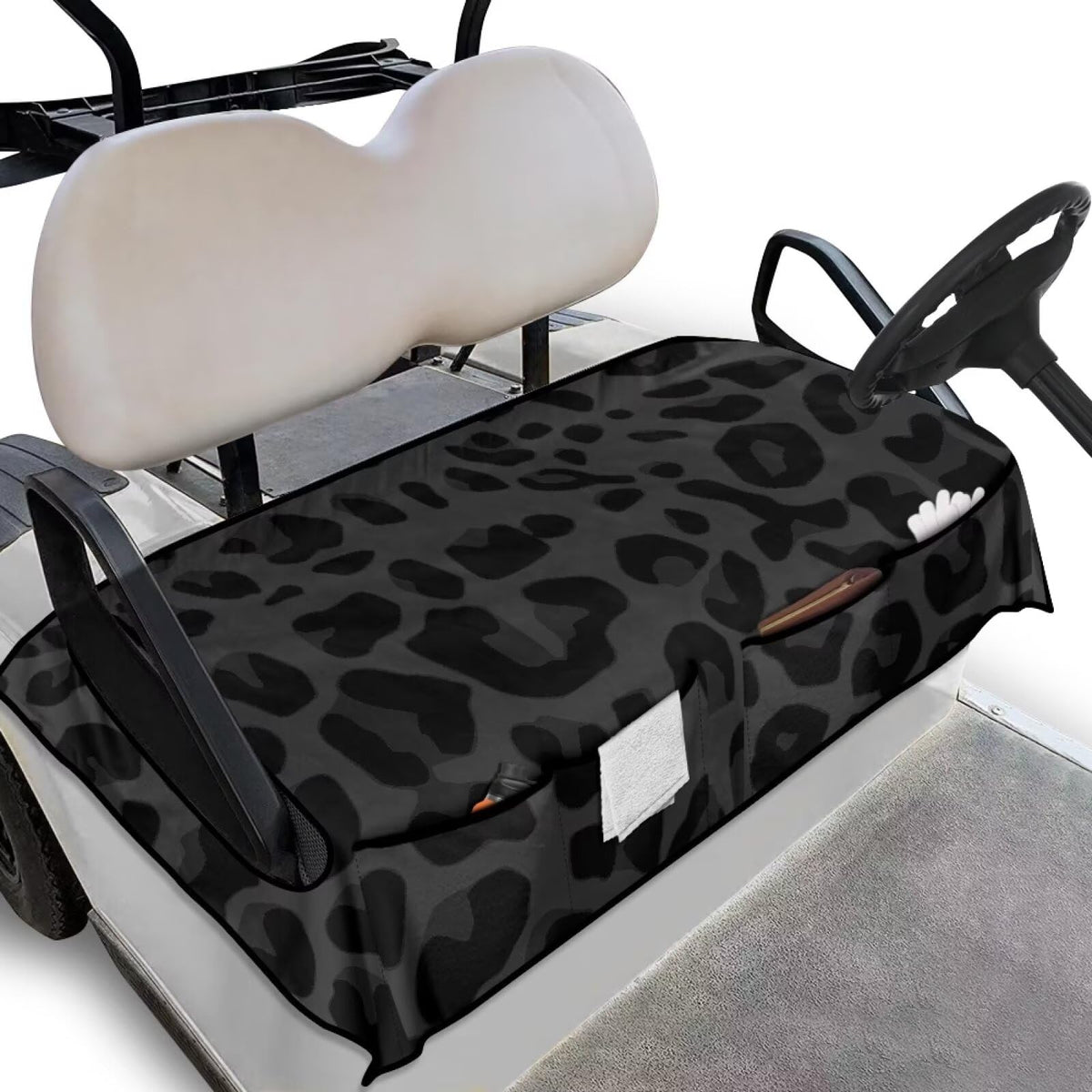 TOADDMOS Black Leopard seat cover front view reduces heat buildup during summer.