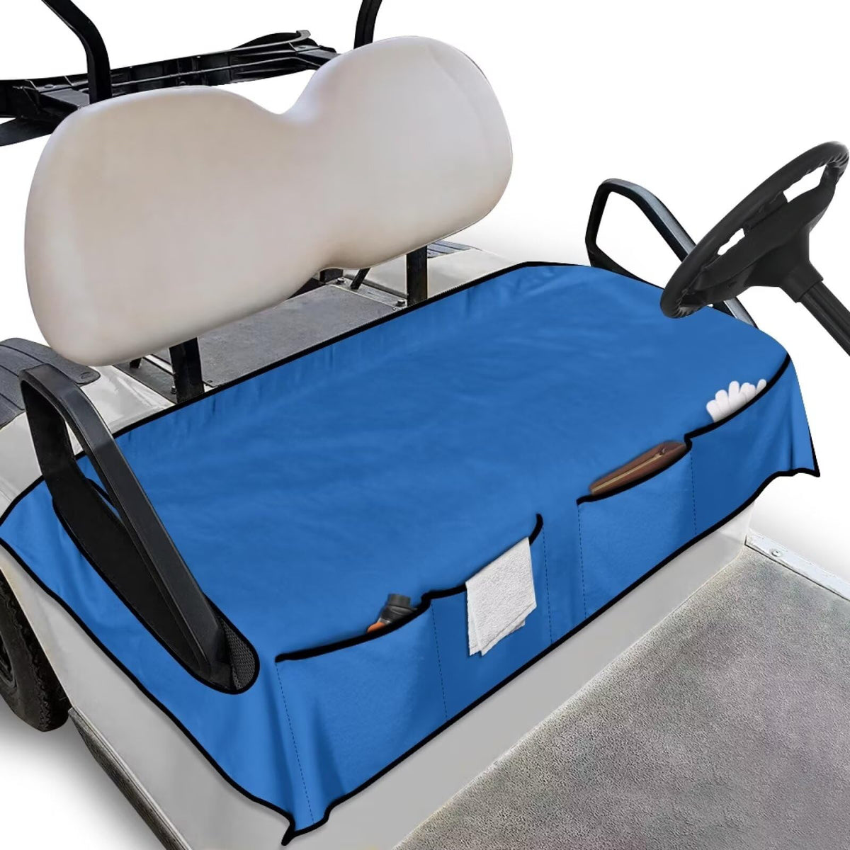 TOADDMOS blue golf cart seat cover with front pockets for quick-access essentials