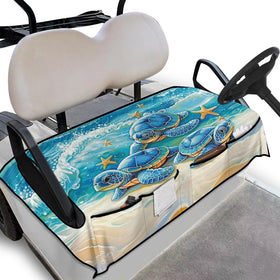 TOADDMOS Blue Sea Turtle seat cover on front seat; blocks heat and protects upholstery.