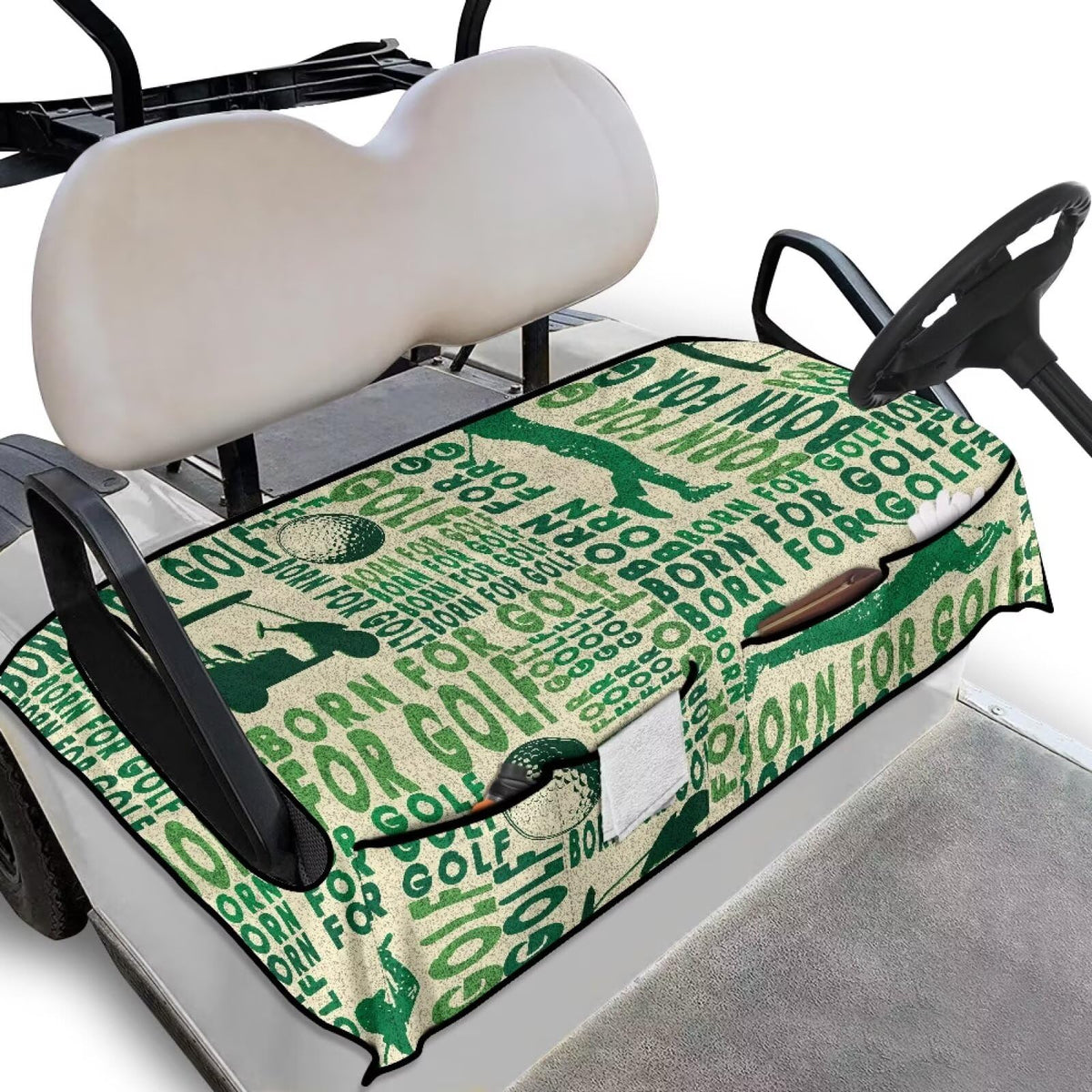 TOADDMOS Born for Golf seat cover with non-slip base keeps seats secure.