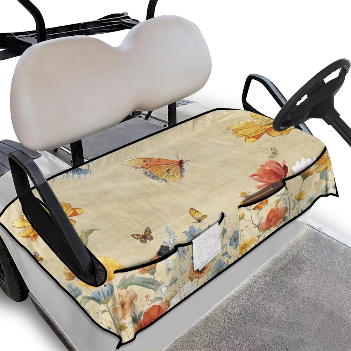 TOADDMOS butterfly floral seat cover front view with pockets keeps essentials within reach.