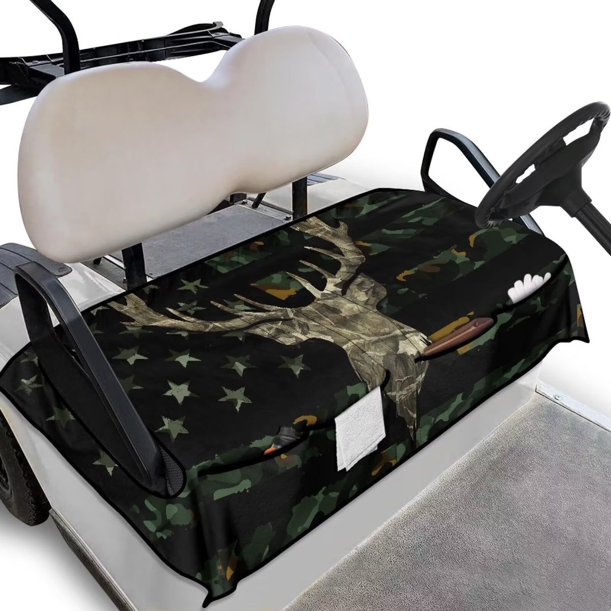 TOADDMOS camouflage deer flag seat cover protects two-seat carts from sun and wear while adding style