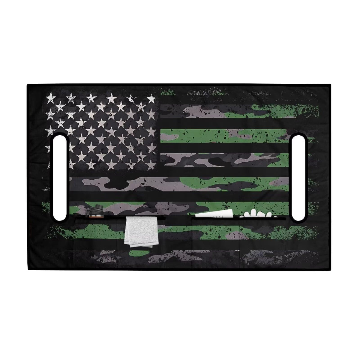 TOADDMOS camouflage flag seat cover four pockets keeps essentials within reach.