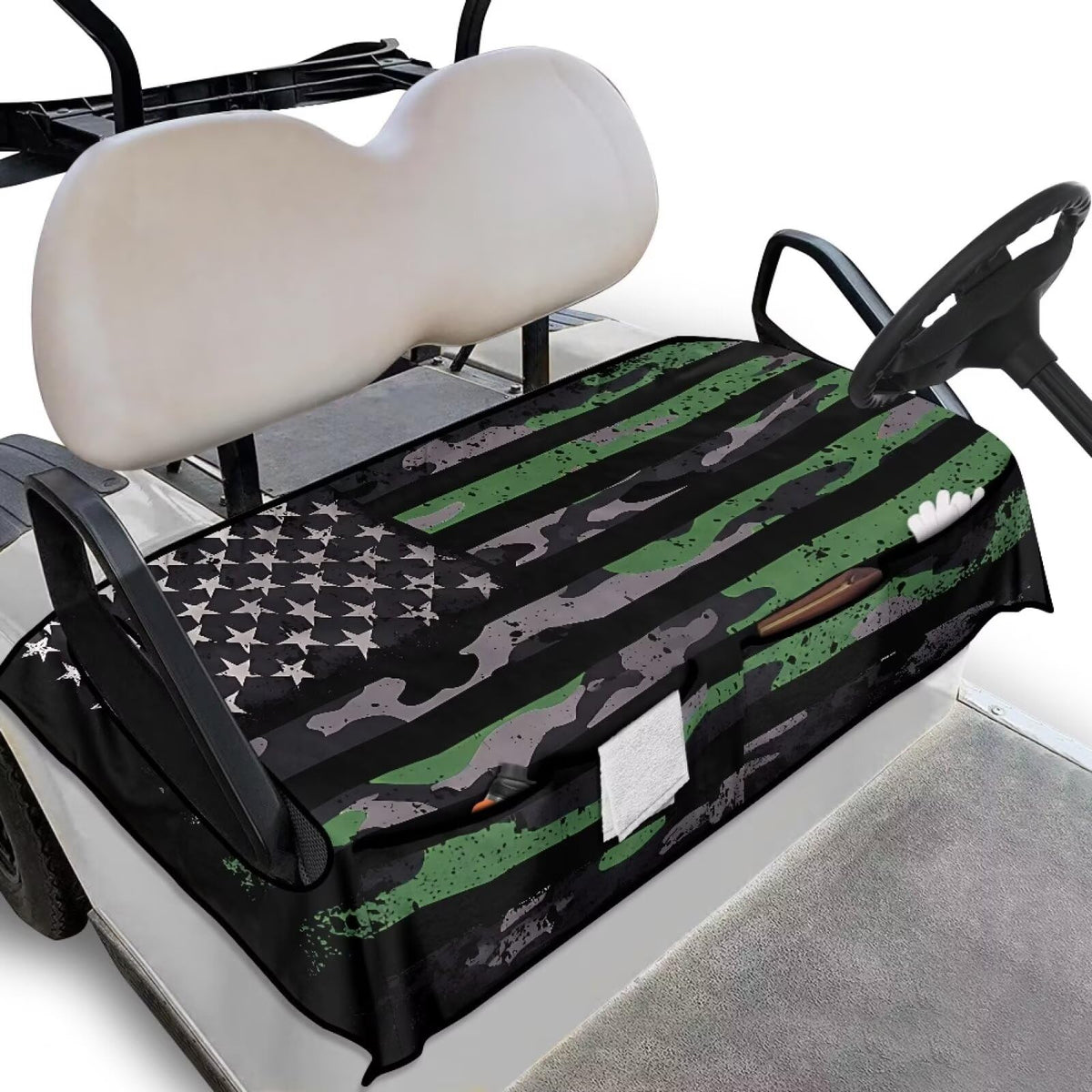 TOADDMOS camouflage flag seat cover front view protects against sun and spills.