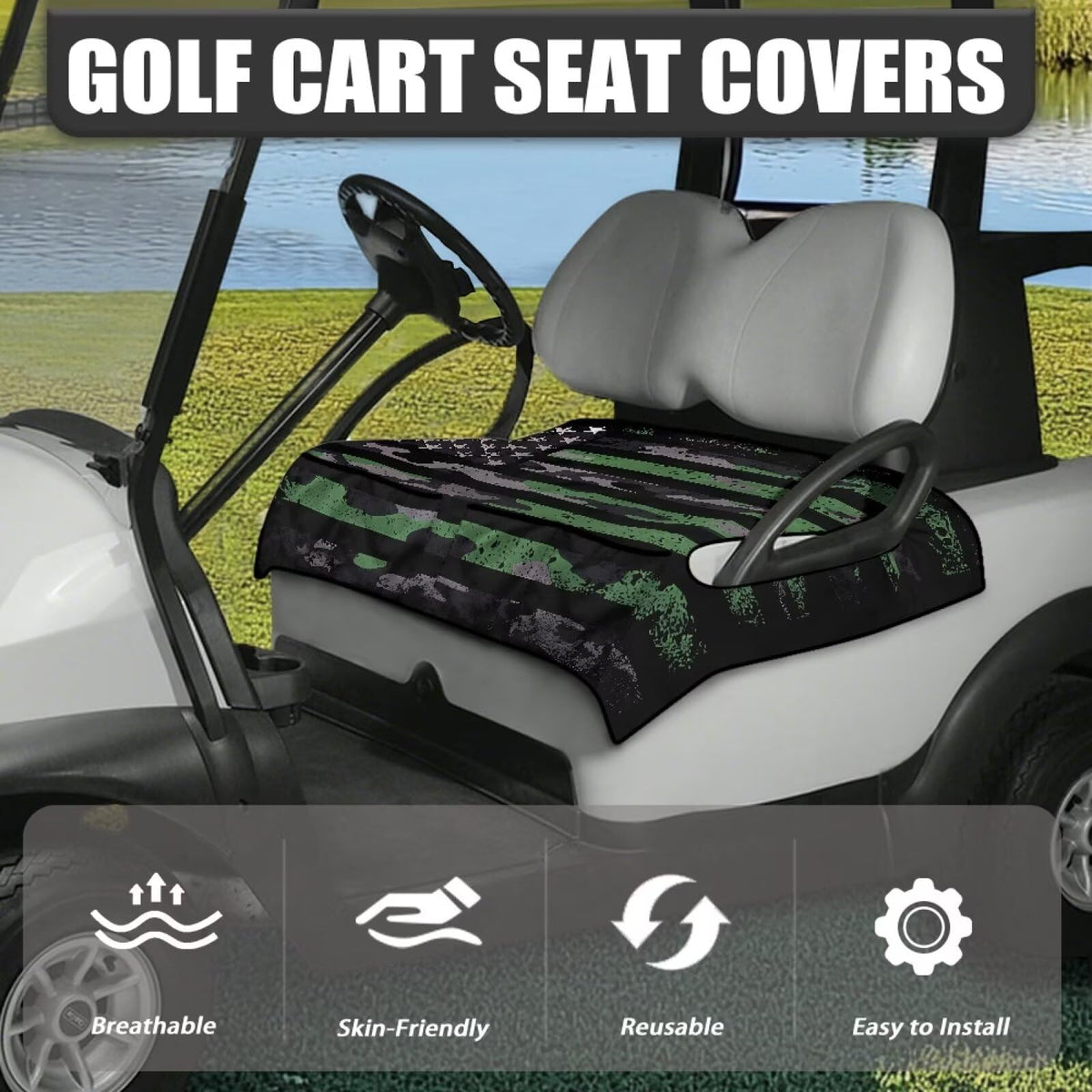 TOADDMOS camouflage flag seat cover side installation shows tool-free setup.