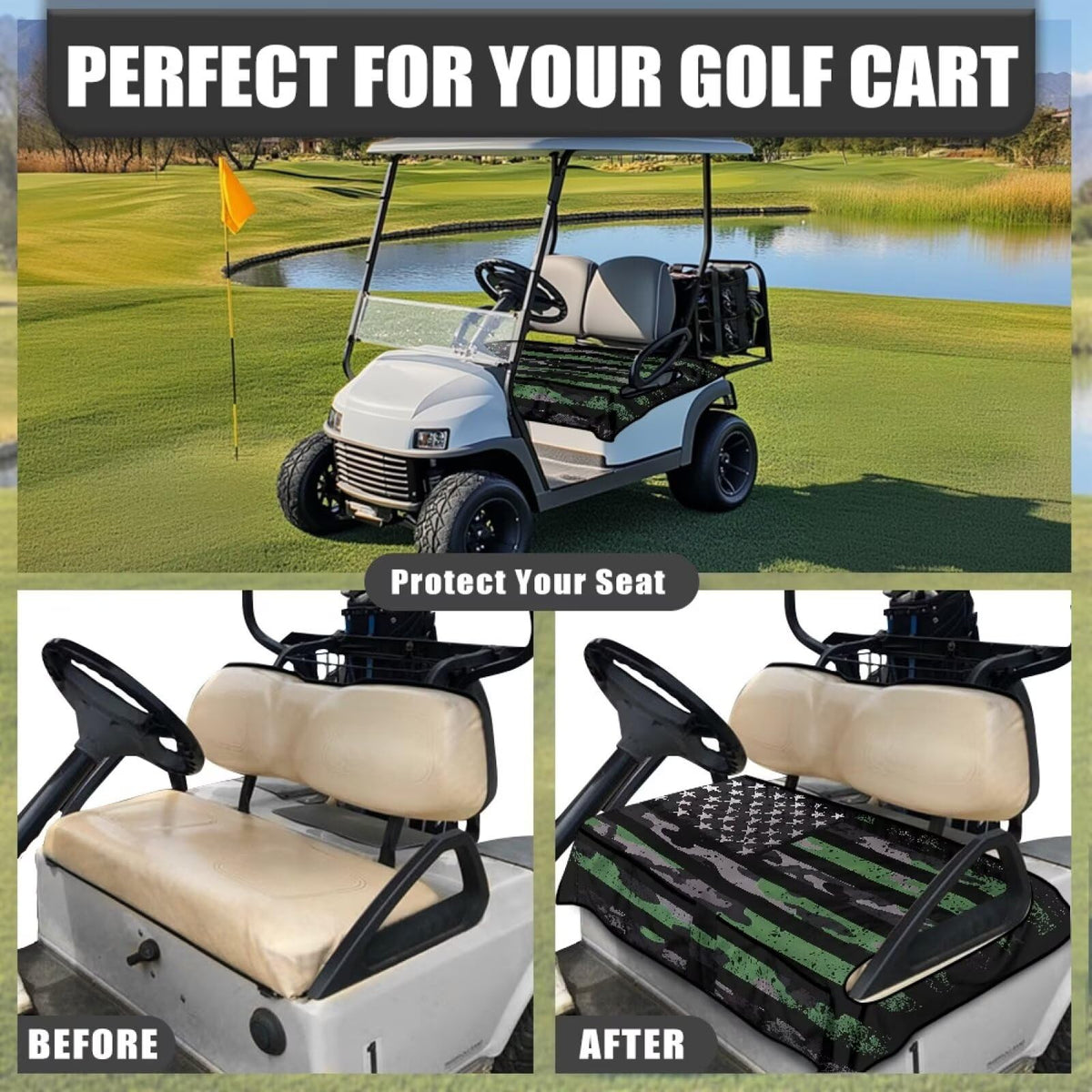 TOADDMOS camouflage flag seat cover universal fit for two-seat golf carts.