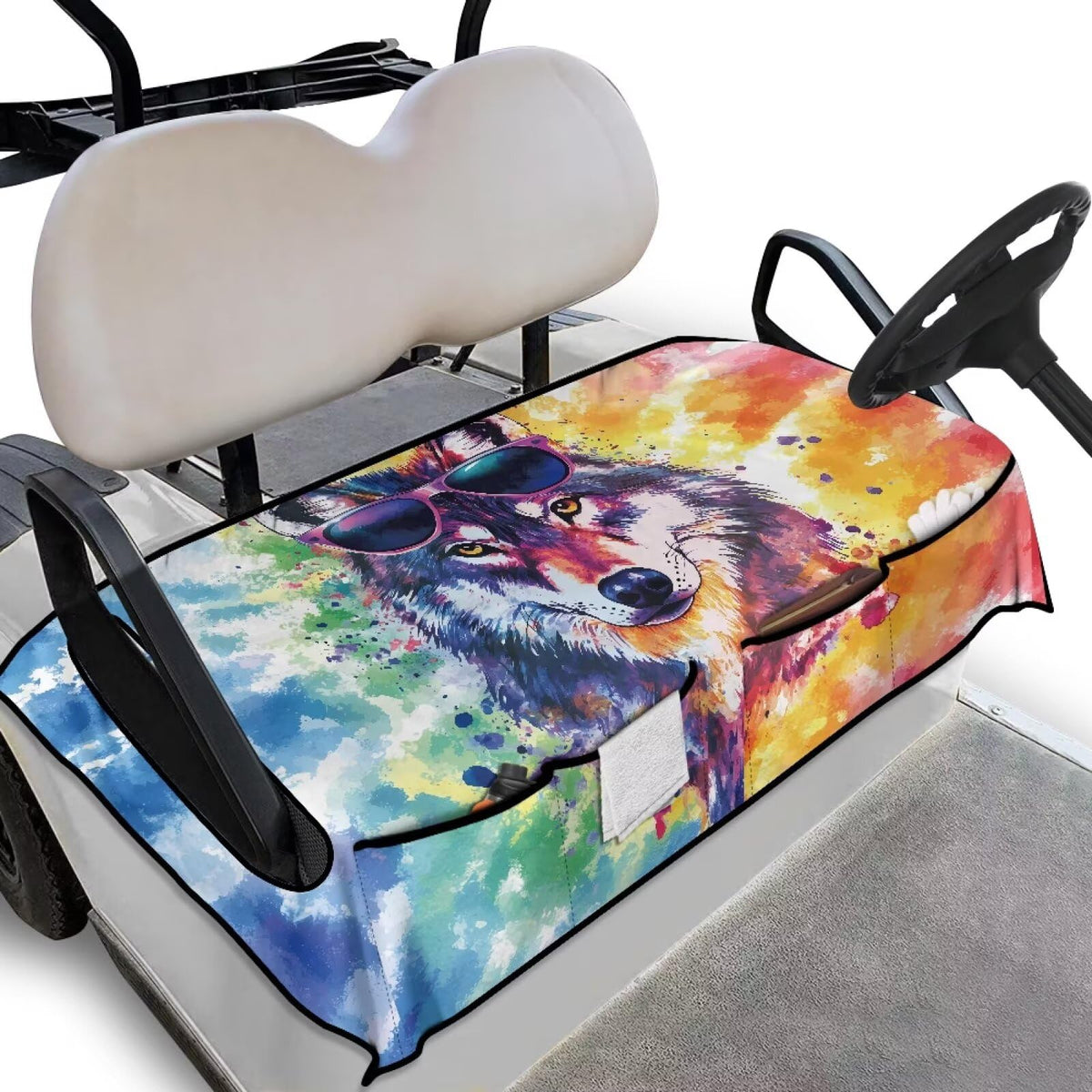 TOADDMOS colorful watercolor wolf golf cart seat cover front view boosts comfort