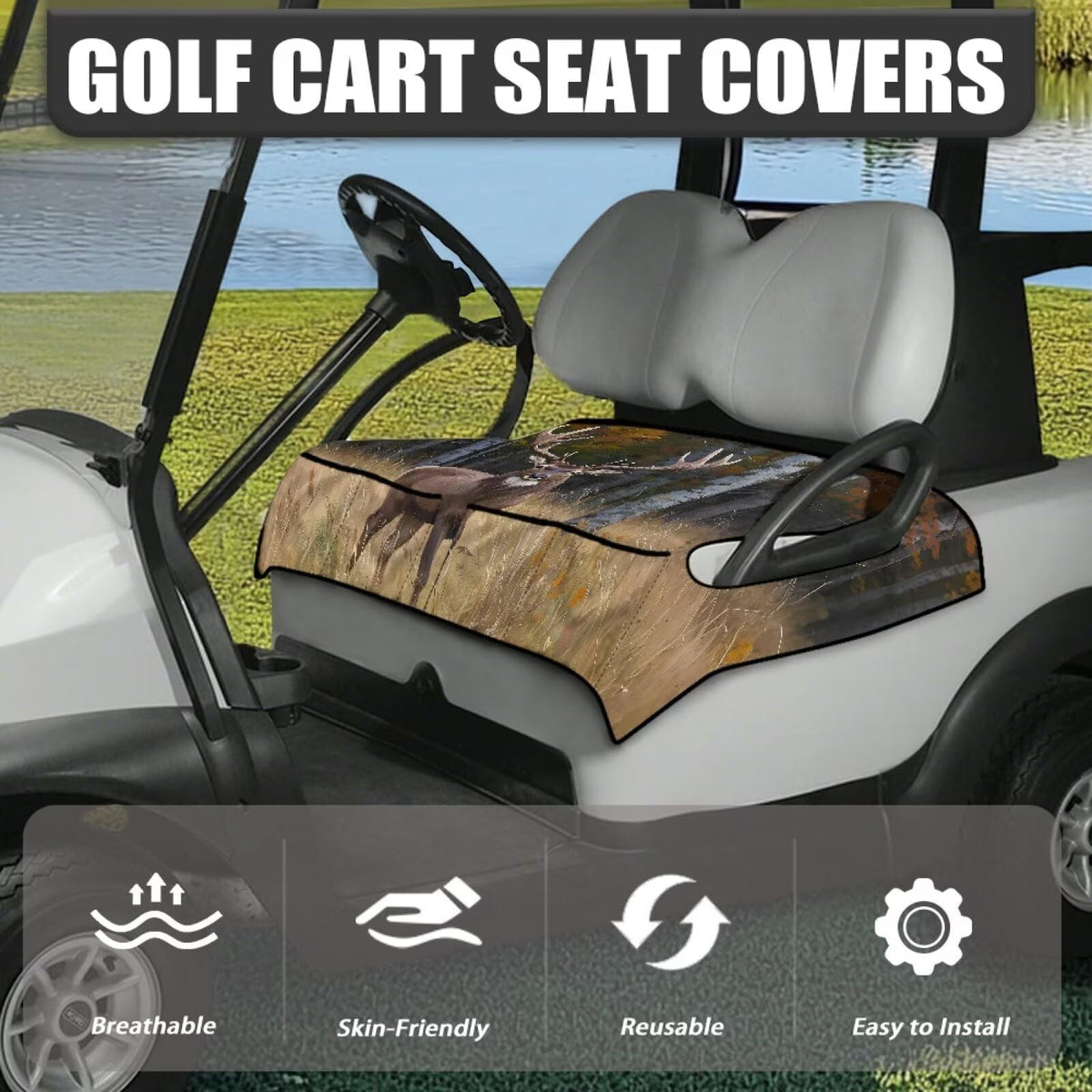 TOADDMOS deer camouflage seat cover side profile showing secure placement