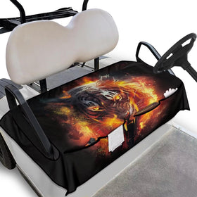 TOADDMOS Fire Tiger seat cover on a golf cart with vibrant print and protection