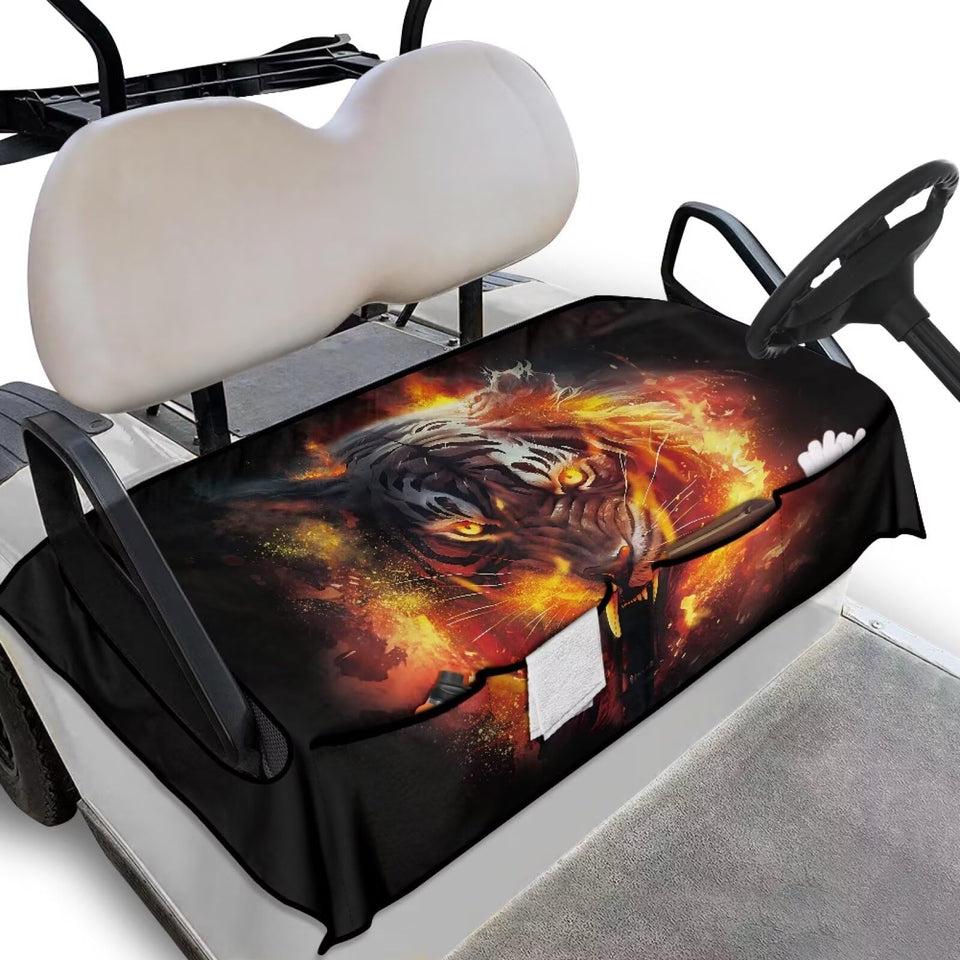 TOADDMOS Fire Tiger seat cover on a golf cart with vibrant print and protection