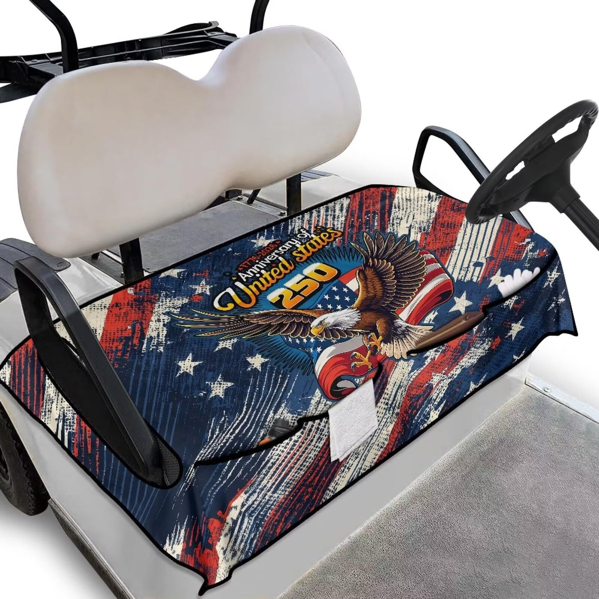 TOADDMOS flag eagle seat cover on two-seat cart adds style and comfort.