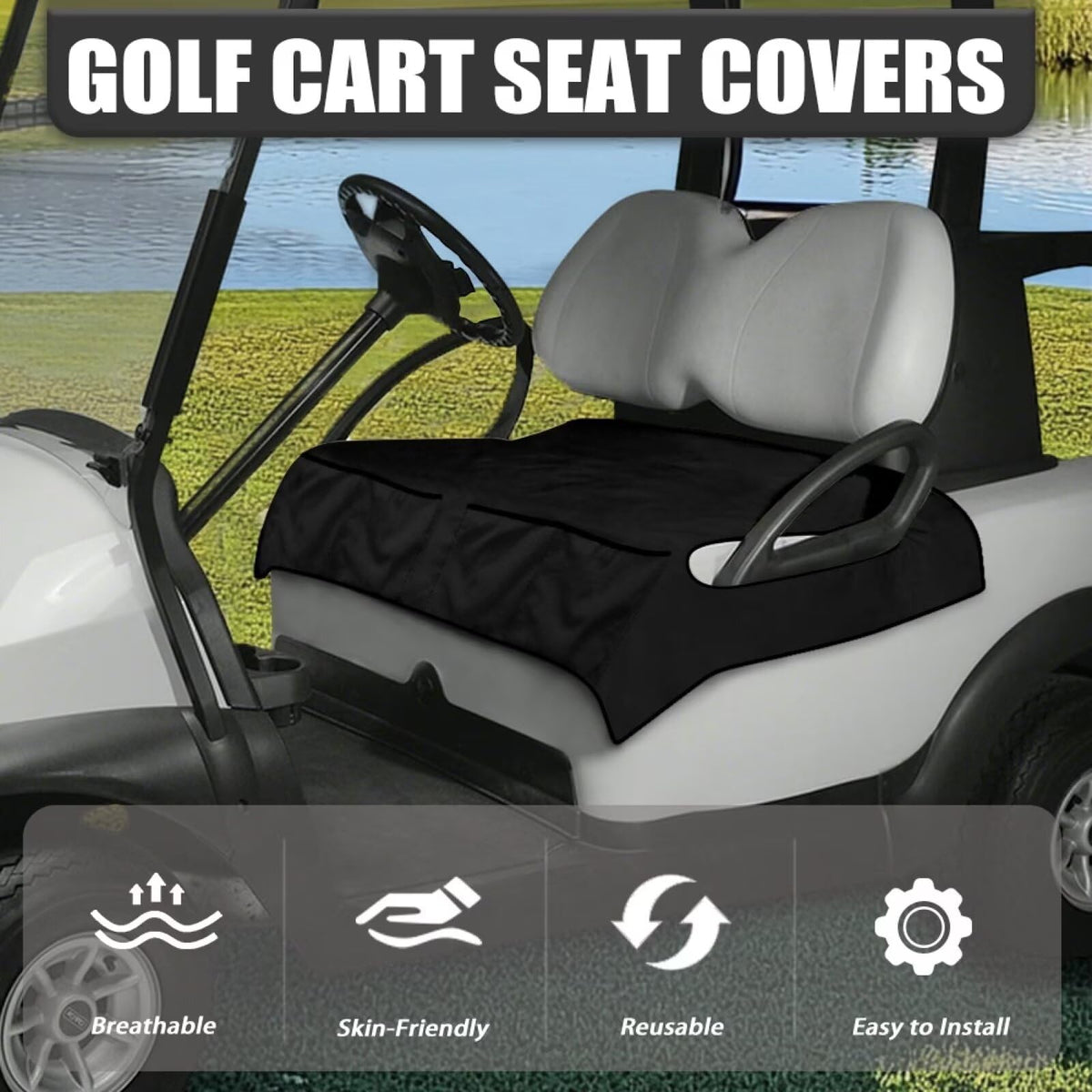 TOADDMOS installation-free seat cover in action on a two-seat cart quick comfort.