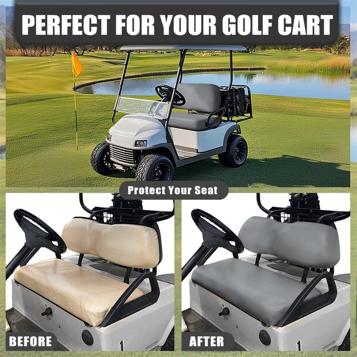 TOADDMOS gray golf cart seat cover bench installed on a two-seat cart