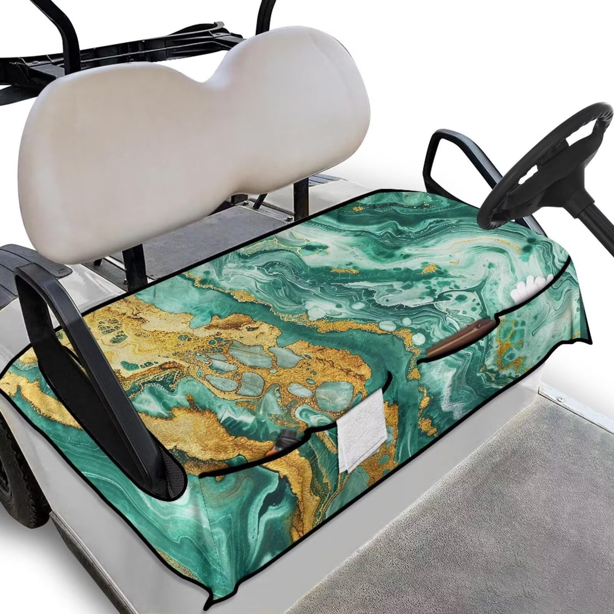 TOADDMOS Green Marble Seat Cover on a 2-seat golf cart for cooler, cleaner seating.