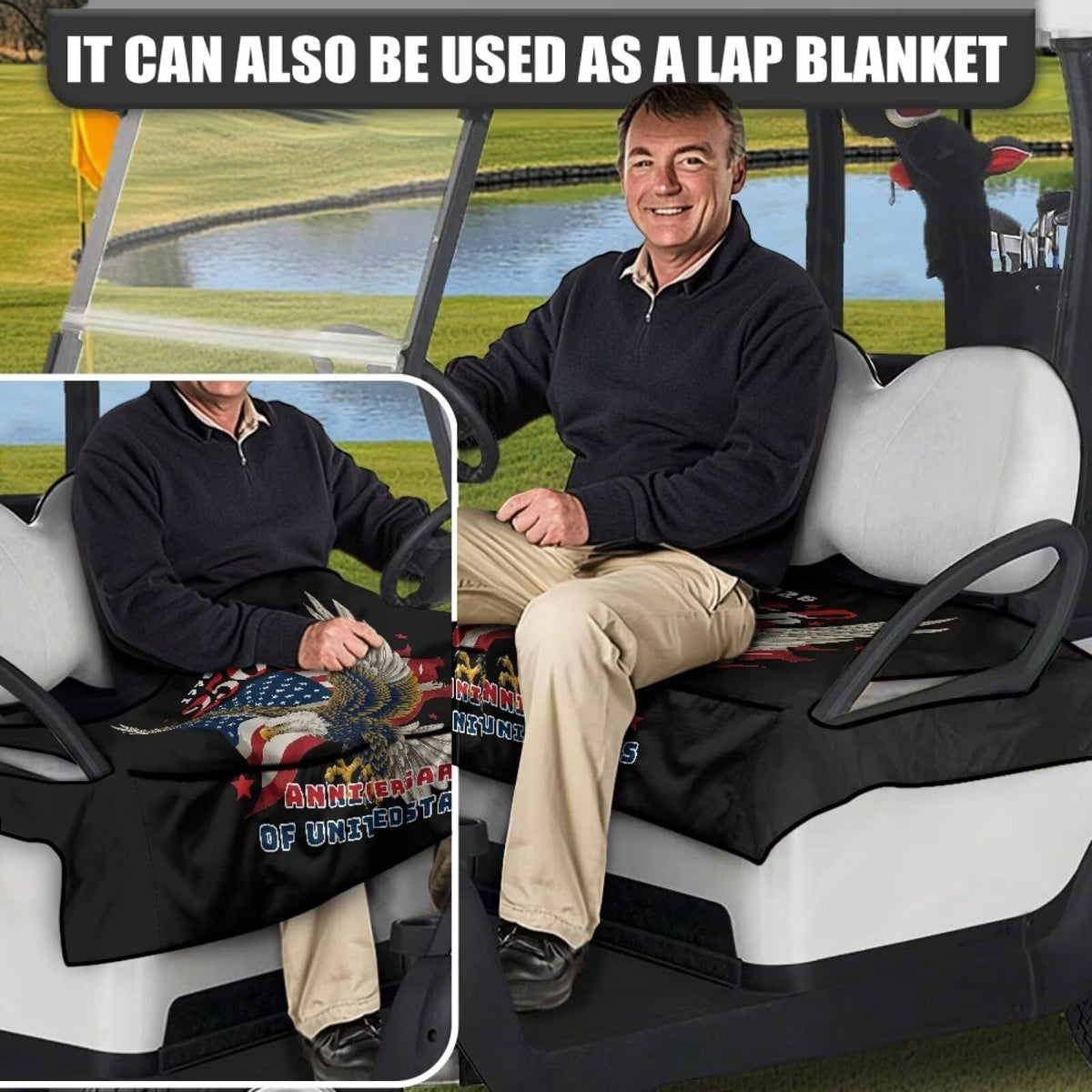 TOADDMOS orange seat cover demonstrates tool-free, quick installation on a golf cart