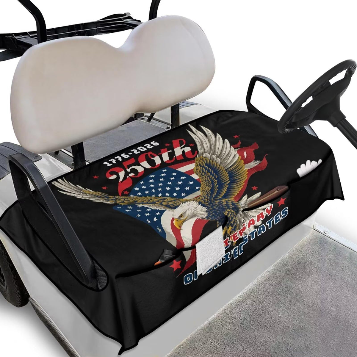 TOADDMOS orange seat cover with four pockets for organized storage on a two-seat cart