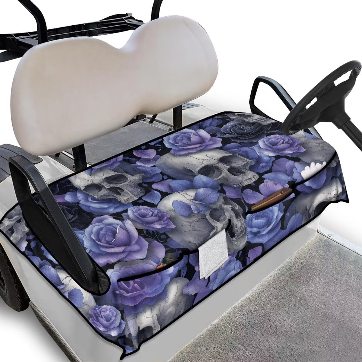 TOADDMOS Purple Rose Skull golf cart seat cover with pockets for convenient storage