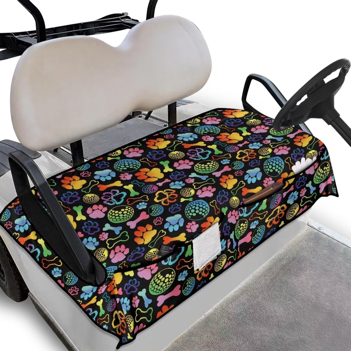 TOADDMOS Rainbow dog paw seat cover with front pockets protects seats from sun and spills.