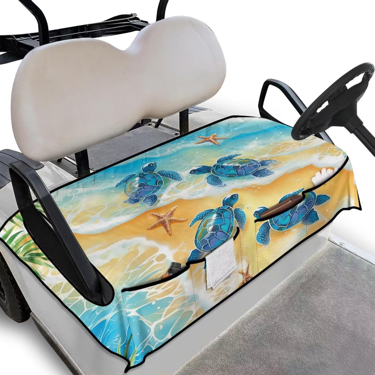 TOADDMOS Sea Turtle Seashell seat cover with pockets fits most golf carts.