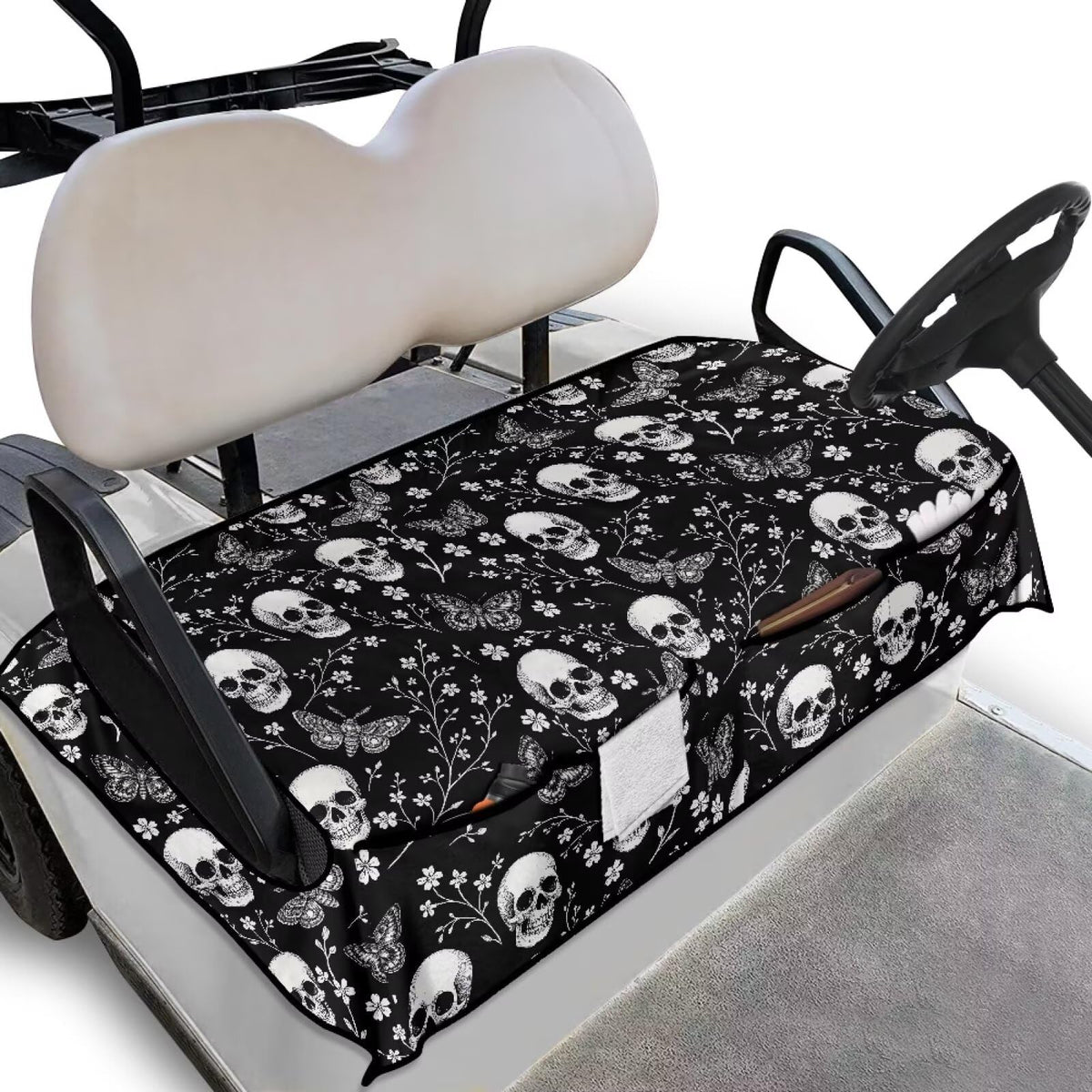 TOADDMOS Skull Butterfly golf cart seat cover with tool-free installation and stylish protection.