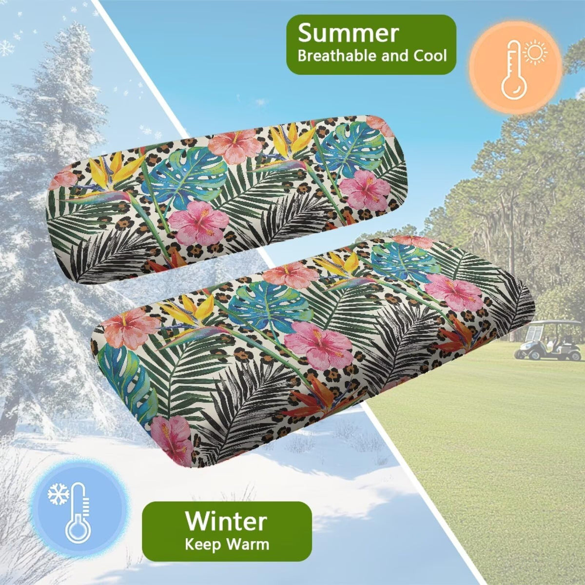 TOADDMOS universal two-person seat cover fits most golf carts with armrests.
