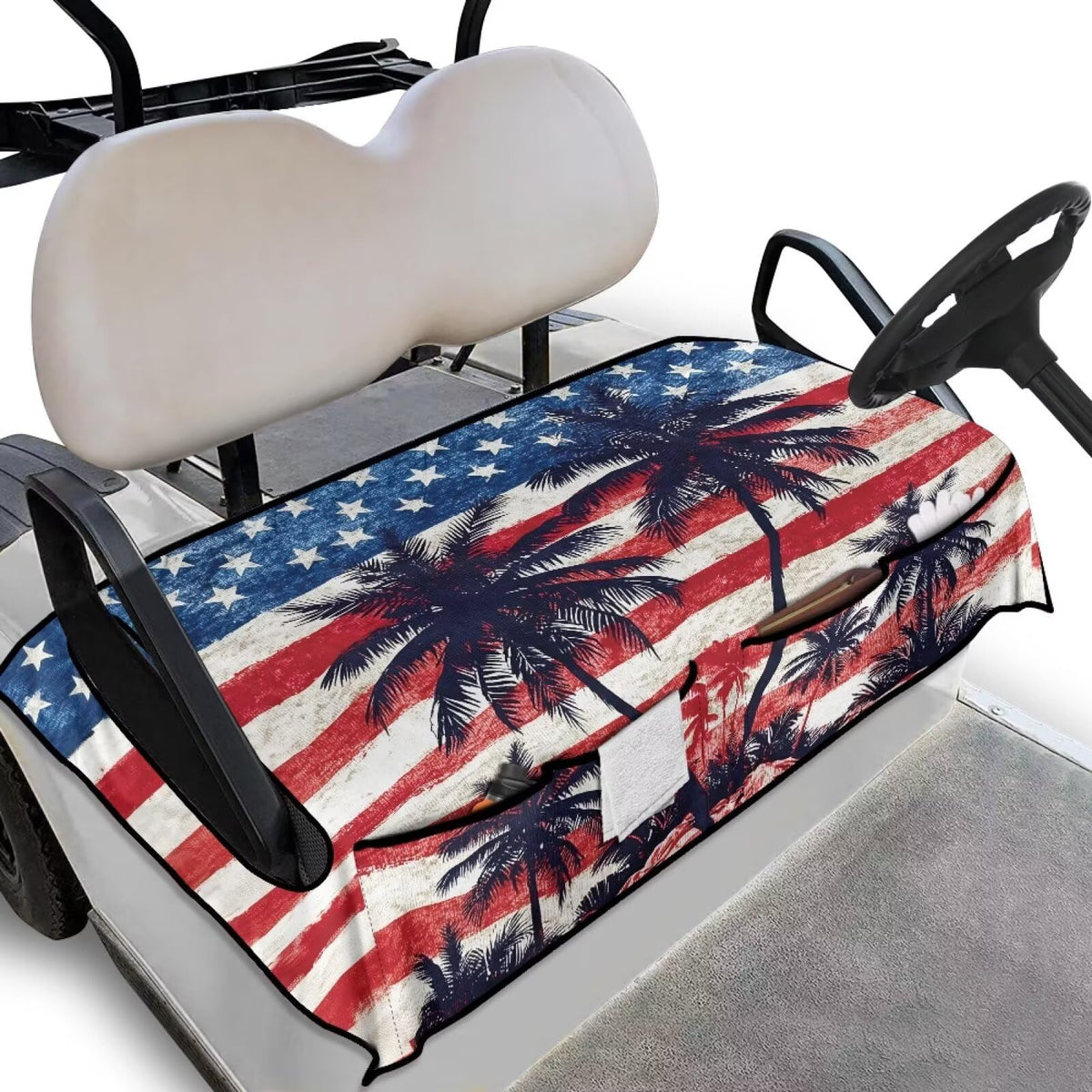 TOADDMOS US flag golf cart seat cover front view showcasing breathable fabric and easy fit