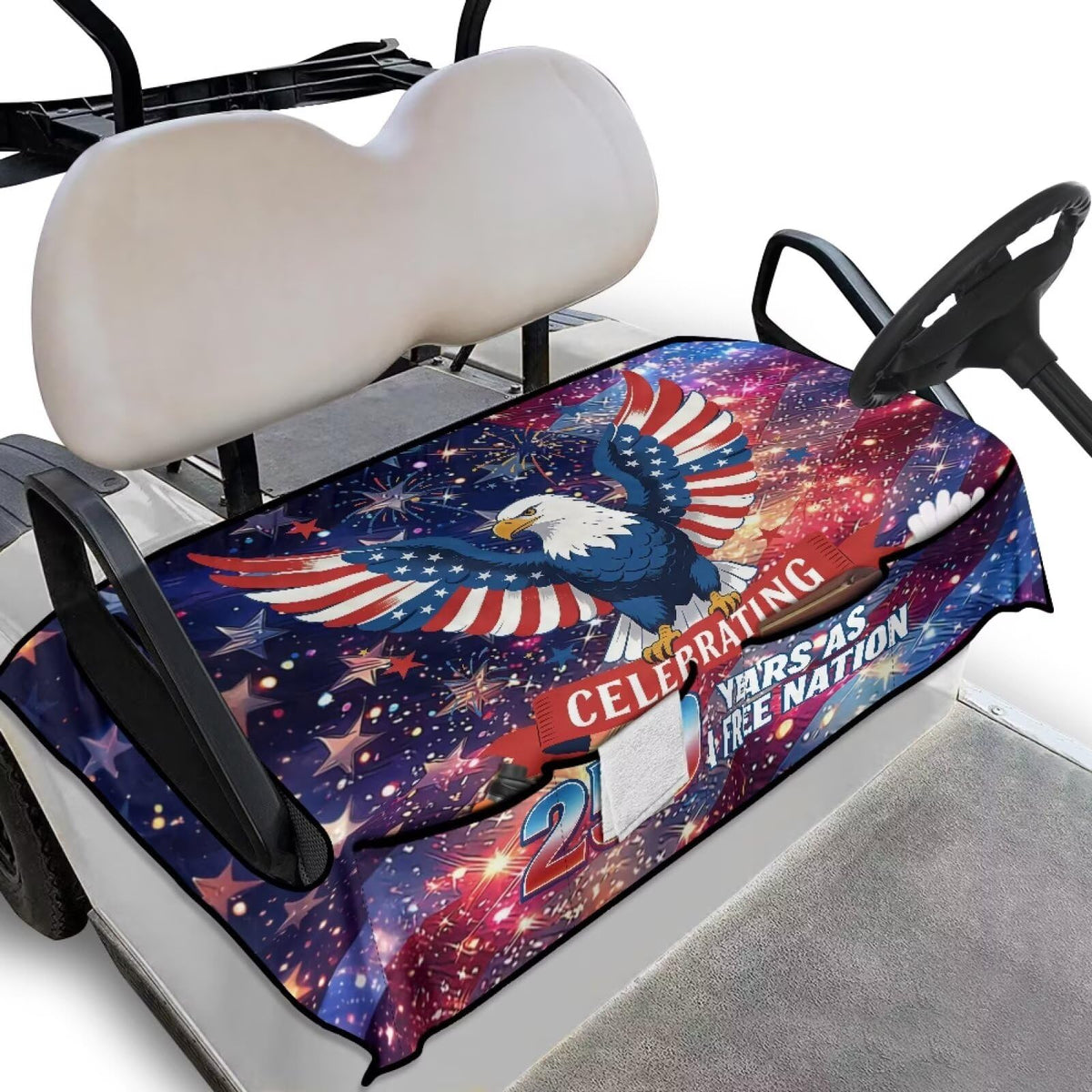 TOADDMOS USA flag eagle seat cover on a two-seat golf cart for durable protection