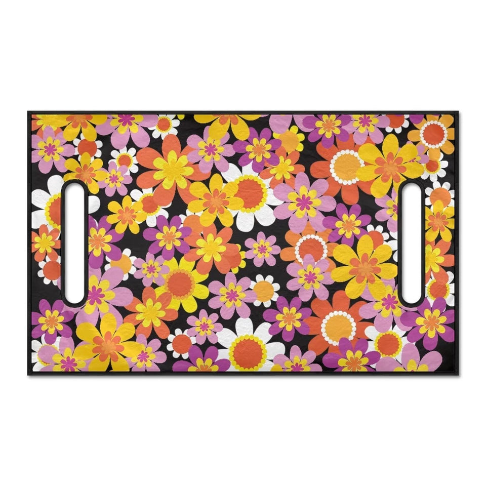 Todiyaddu seat cover in yellow-pink hippie flowers adds vibrant style and seat protection.