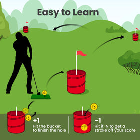 Six balls lined up for Toemics bucket golf near the playing area