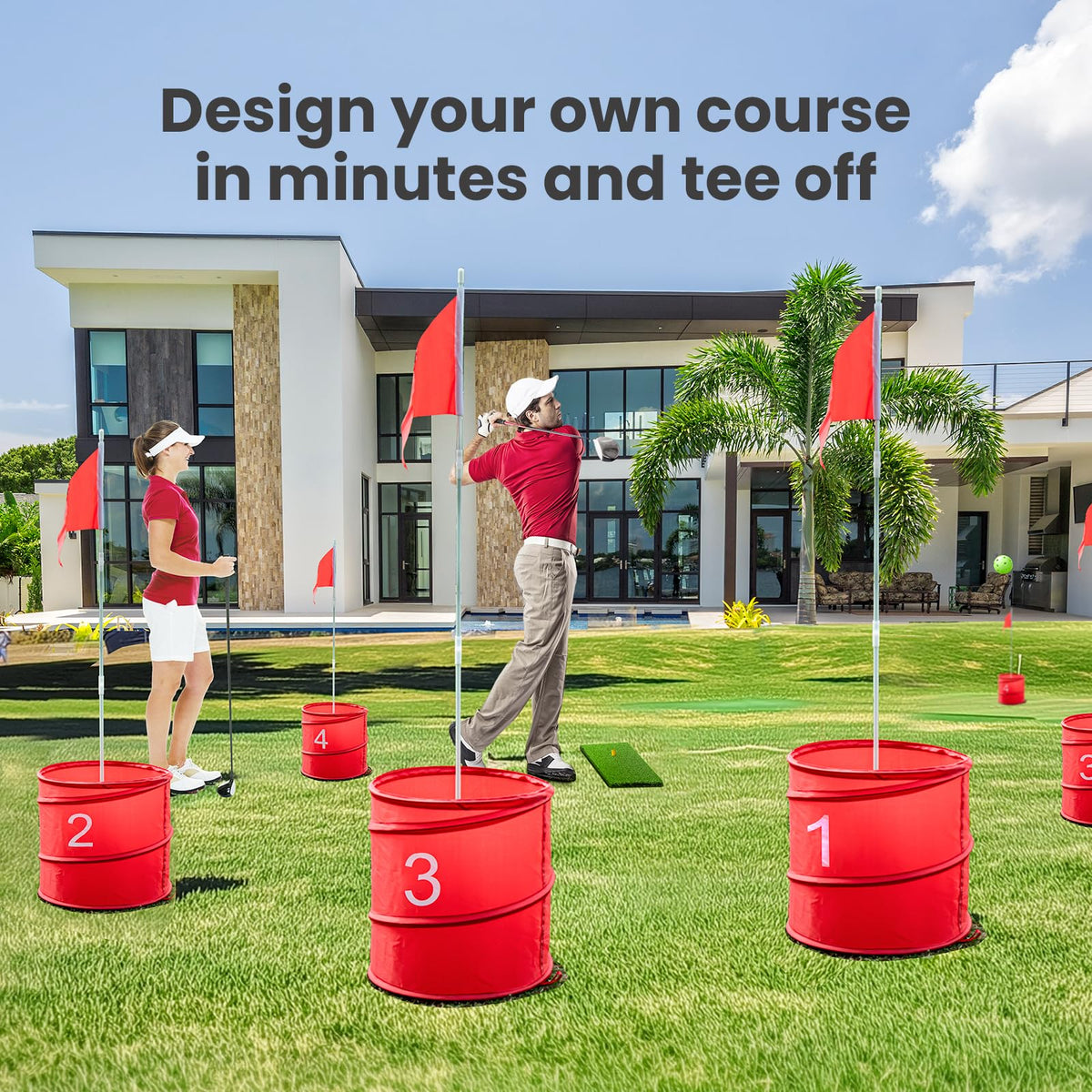 Toemics golf yard game showing six flags marking holes on a lawn