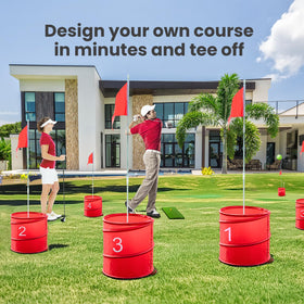 Toemics golf yard game showing six flags marking holes on a lawn