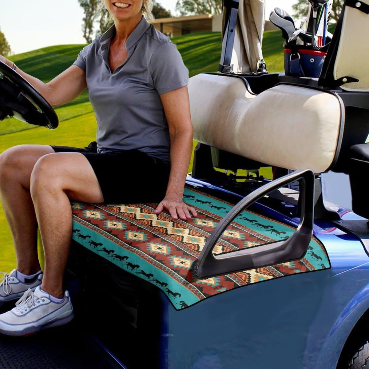 Tomeusey all-weather golf cart seat cover shields seats from rain and sun.